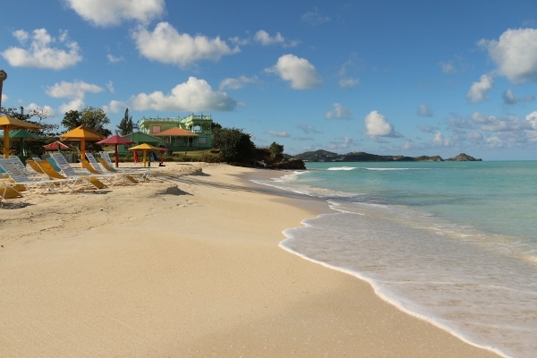 an empty Caribbean beach with beach chairs and umbrellas