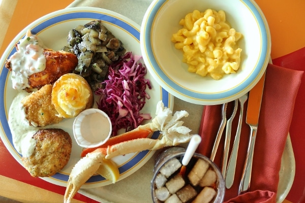 overhead view of a selection of food from a lunch buffet