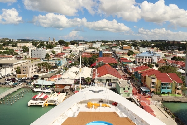 view from a cruise ship of the port area in St. John\'s, Antigua