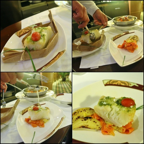 step by step photos of a table side presentation of parchment cooked fish