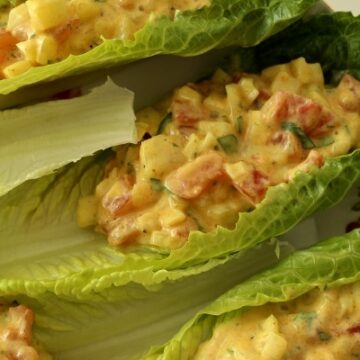 A close up of a romaine lettuce cup with curried tomato salad