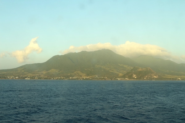 a hazy view of the dormant volcano on St. Kitts