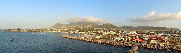 a panoramic view of the port area of Bassterre, St. Kitts