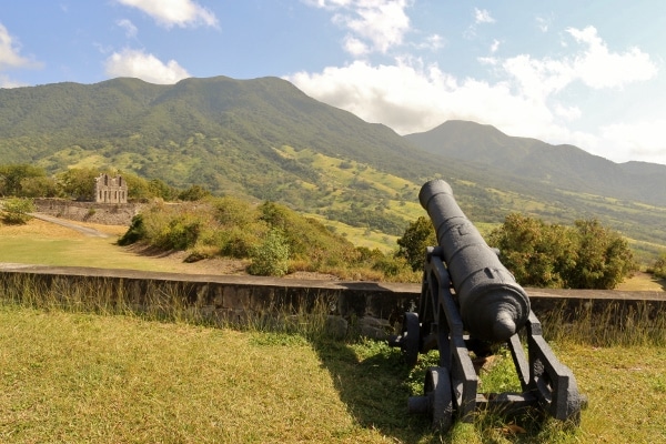 view of an old cannon pointing towards lush mountains