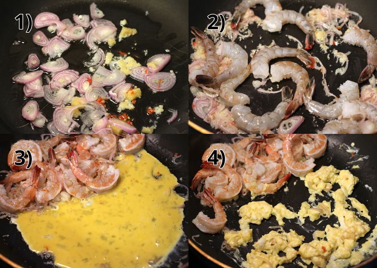 step by step photos of stir-frying shrimp and eggs in a wok