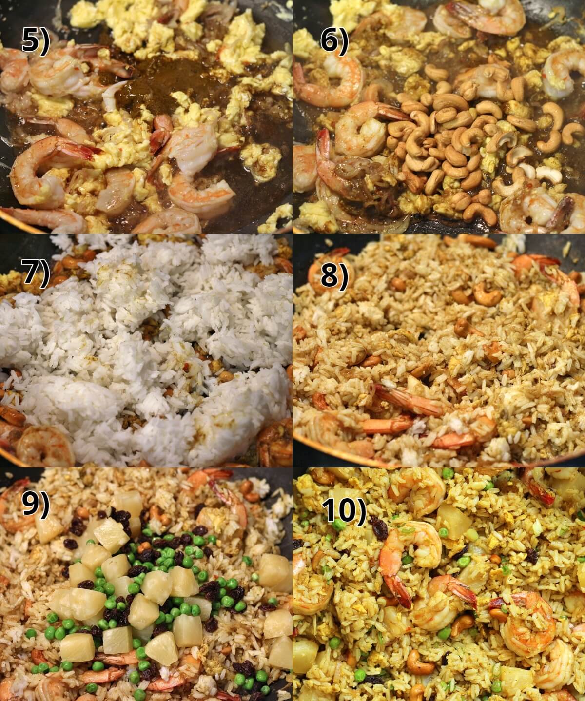 step by step photos of making Thai pineapple fried rice in a wok