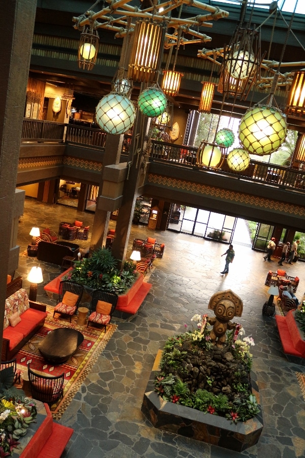 a view looking down into the lobby at the Polynesian Village Resort