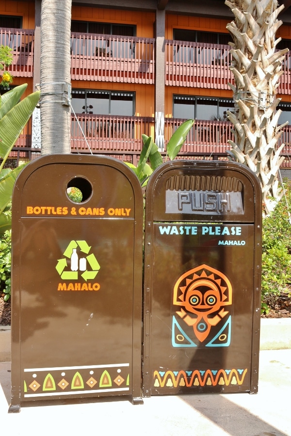 trash cans at the Polynesian Resort that says Mahalo on the outside