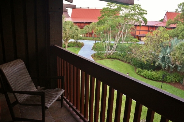 view looking out from a Polynesian longhouse balcony