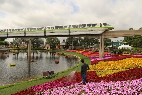 a monorail crossing over a lagoon surrounded by colorful flowers