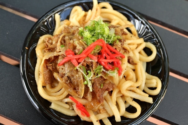 overhead view of a plate of udon noodles with teriyaki beef on top