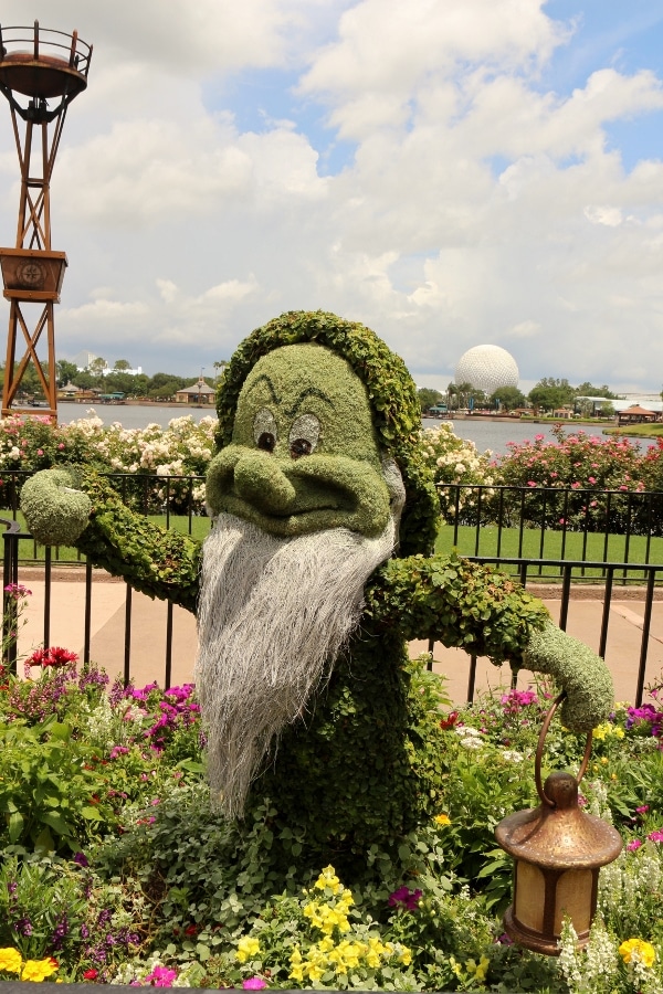 a topiary display of Grumpy from Snow White and the Seven Dwarfs