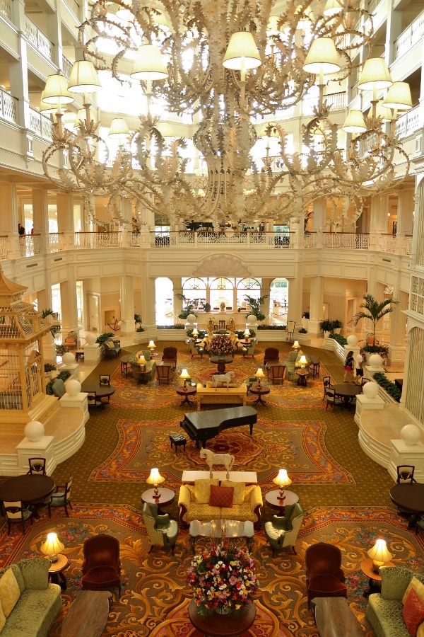 A wide view of Disney\'s Grand Floridian Resort lobby