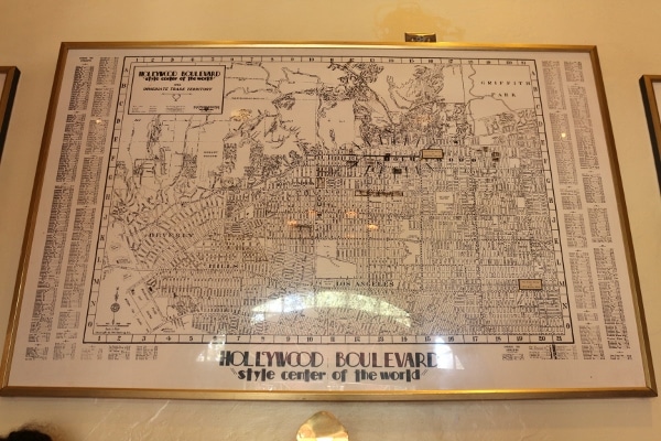 an old map of Hollywood Boulevard framed on a wall