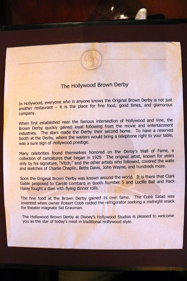 text about The Hollywood Brown Derby included in the menu