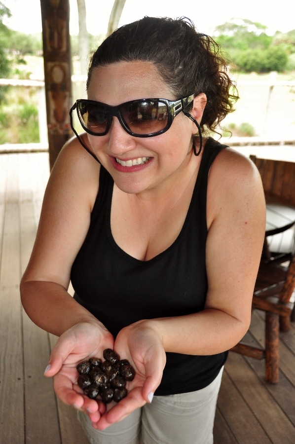 A woman holding a handful of varnished giraffe poop