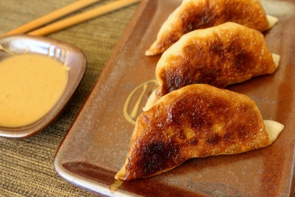 a row of pan-fried dumplings with crispy golden brown bottoms