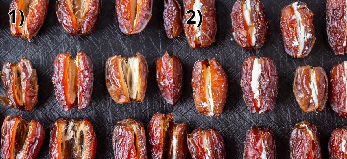 Before and after stuffing dates with goat cheese on a black background.
