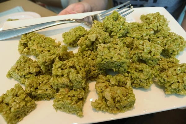 a platter of green rice krispie treats