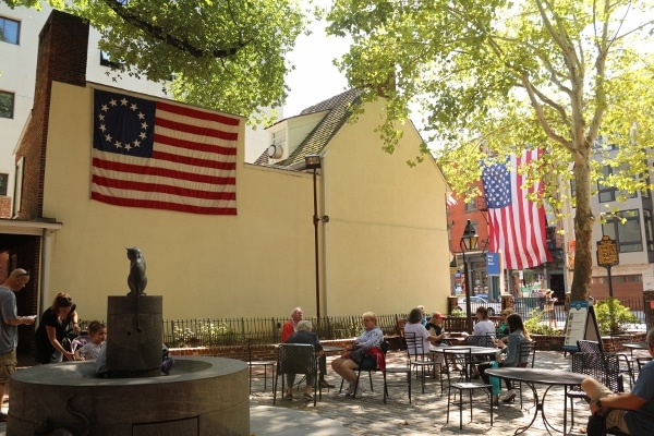 A group of people sitting at tables in front of a building