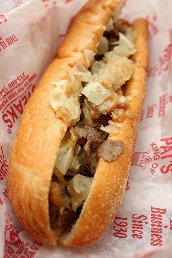 A close up of a Philly Cheesesteak from Pat\'s King of Steaks