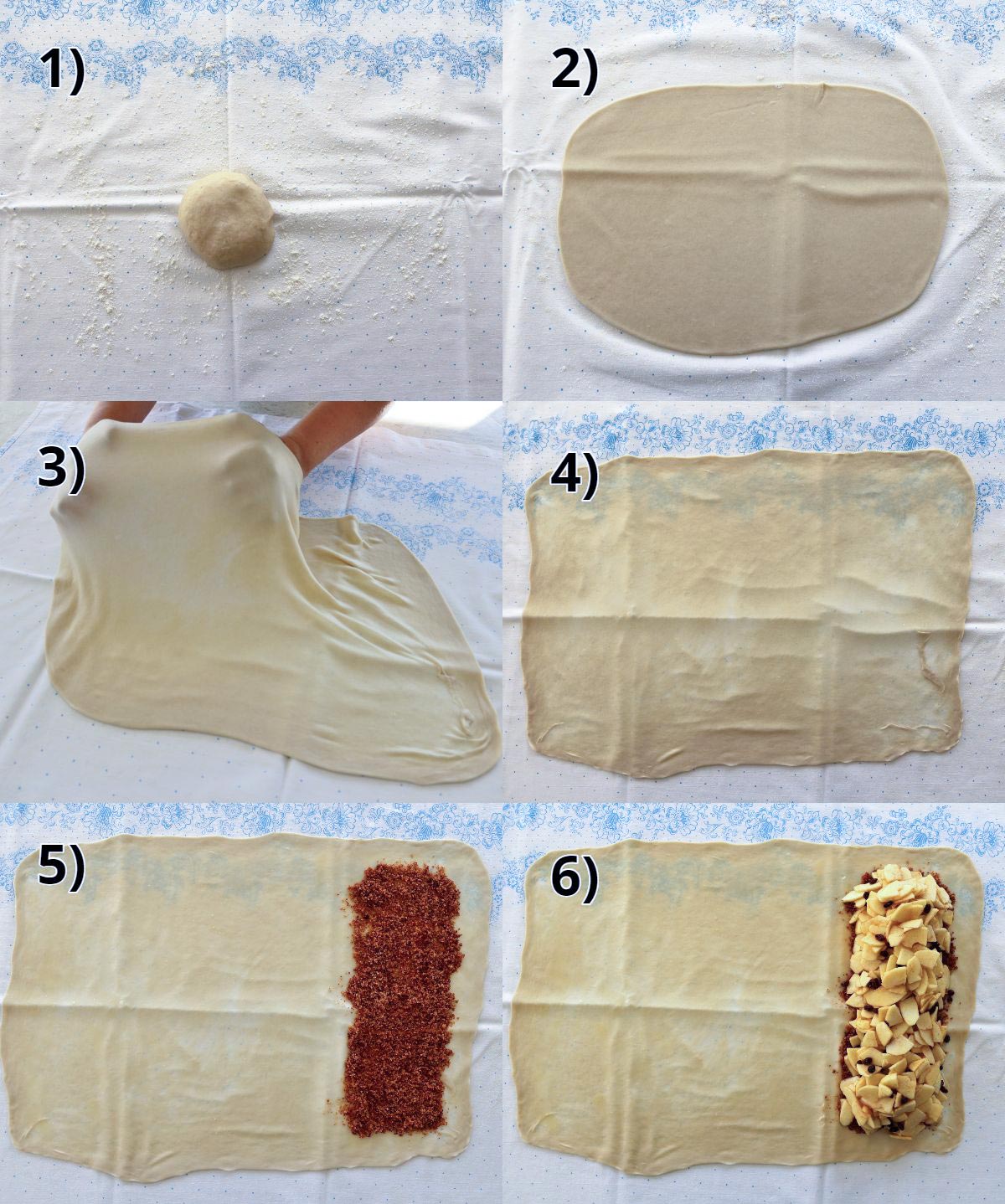 step-by-step photos of stretching strudel dough and filling it with sliced apples.