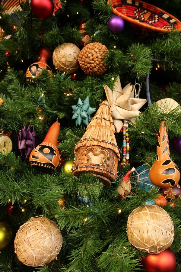 closeup of African themed decorations on a Christmas tree