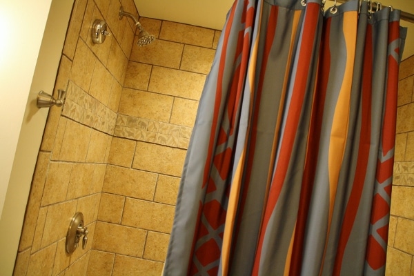 closeup of a colorful shower curtain