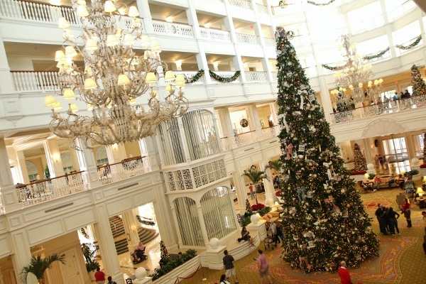 wide view of the Grand Floridian lobby decorated for Christmas