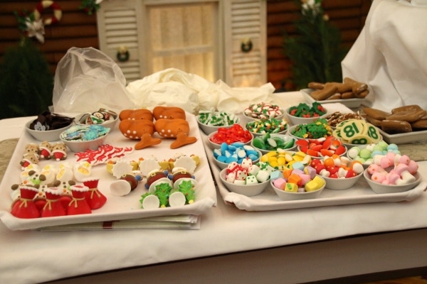 closeup of trays of colorful candy for decorating gingerbread houses