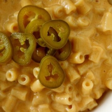 Deliciously trashy mac and cheese with mustard and pickled jalapenos
