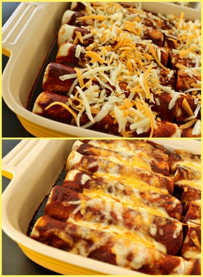 enchiladas in a casserole dish before and after baking