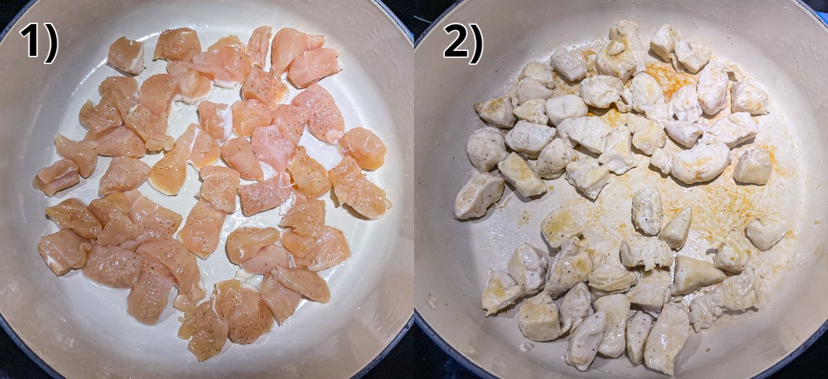 Chicken pieces before and after browning in an enameled cast iron pan.