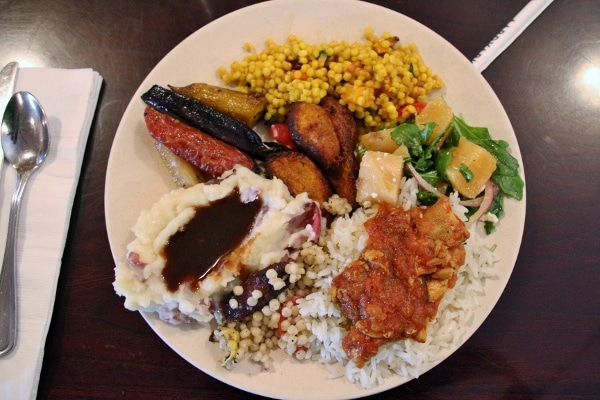 a plate of food from the Tusker House lunch buffet