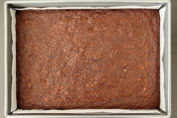 a pan of brownies before being cut