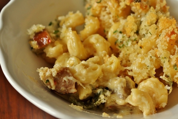 a closeup of a bowl of mac and cheese with cubes of chorizo sausage