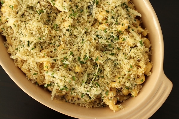 an unbaked casserole dish of mac and cheese