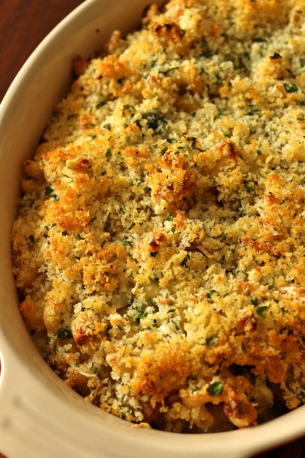 overhead view of baked mac and cheese with a panko crust in a baking dish