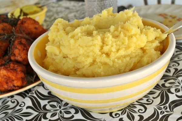 closeup of a big bowl of mashed potatoes