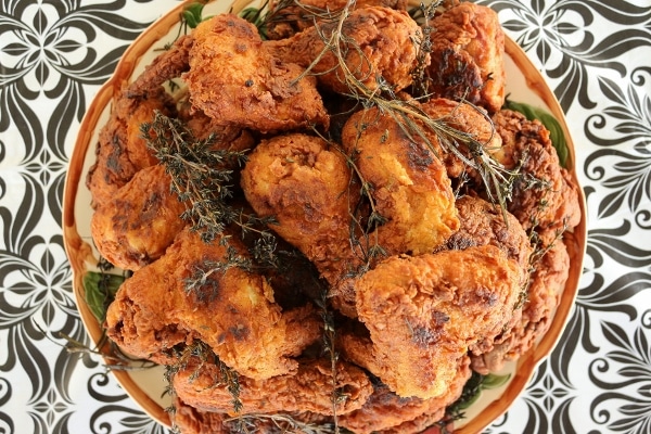 overhead view of a platter of Thomas Keller\'s buttermilk fried chicken