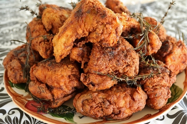 closeup of a platter of fried chicken