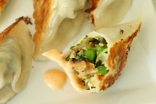 a half eaten pea shoots and leek dumpling on a plate