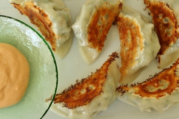 overhead view of pan-fried dumplings with a sriracha mayo dipping sauce