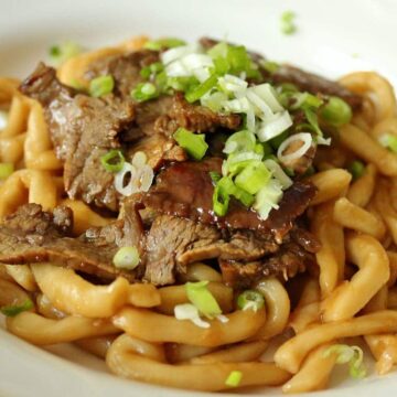 Closeup of beef teriyaki udon noodles topped witih scallions in a shallow white dish.