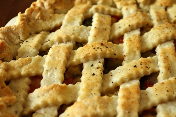 closeup of the lattice crust on a savory pie