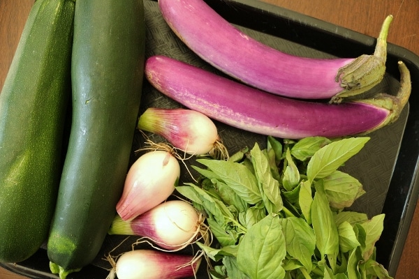 zucchinis, Japanese eggplants, onions and basil on a tray