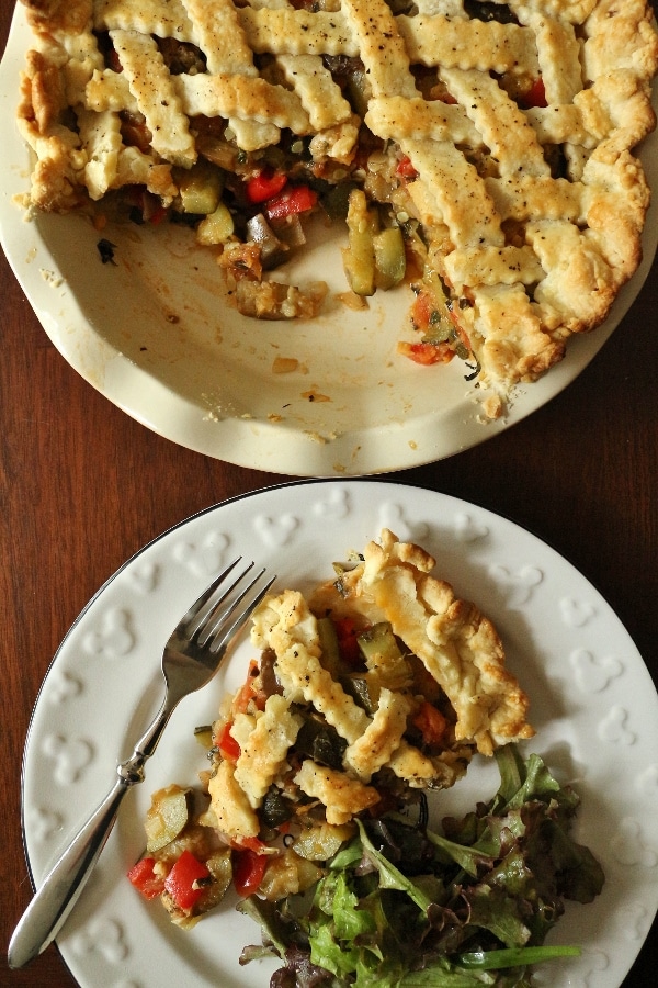 overhead view of a sliced ratatouille pie