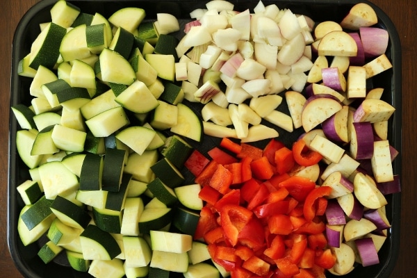 chopped vegetables on a tray