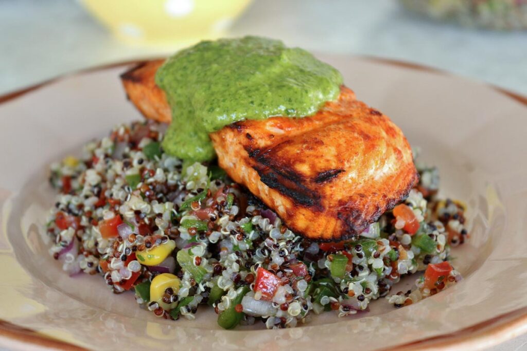 Grilled Salmon with Quinoa Salad and Arugula Chimichurri - Mission Food ...