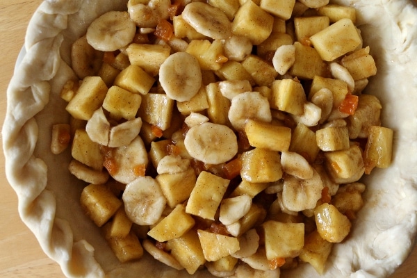 hummingbird pie filling of sliced bananas, pineapple chunks, and dried apricot